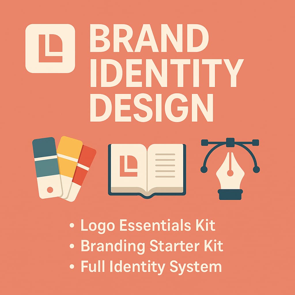 Promotional graphic for brand identity design services with icons and text on a peach background.
