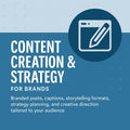 Promotional graphic for content creation and strategy services with a pencil icon on a blue background.