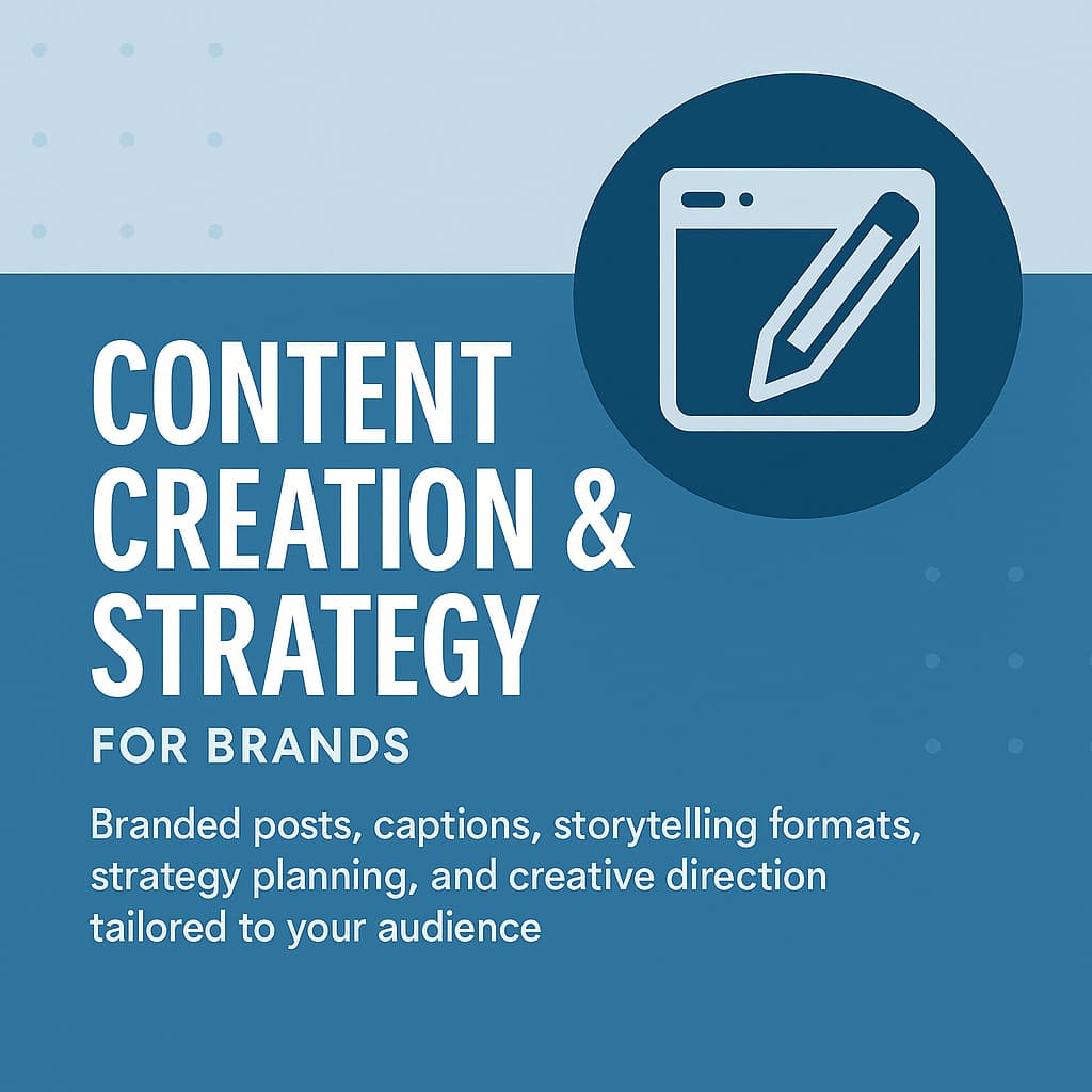 Promotional graphic for content creation and strategy services with a pencil icon on a blue background.