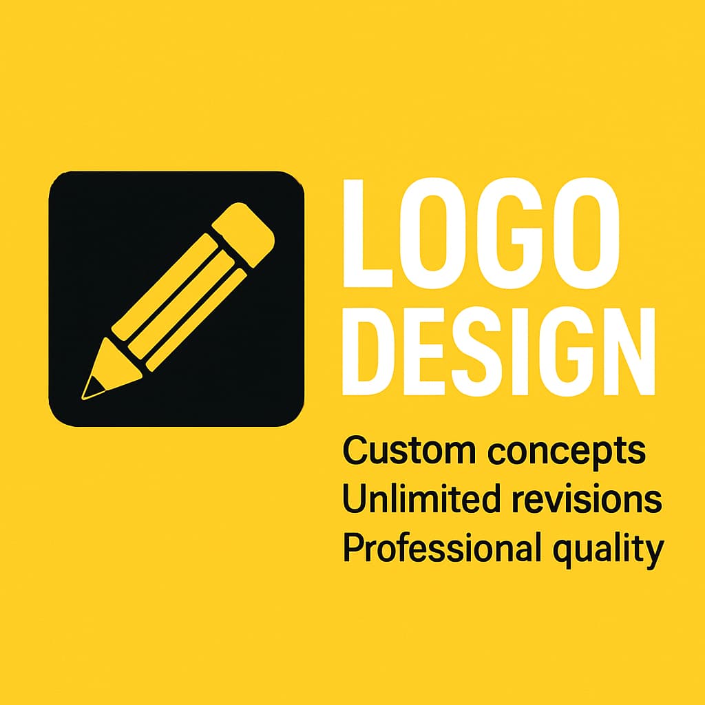 Logo design service advertisement with a pencil icon on a yellow background