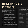 Promotional graphic for resume and CV design services with a sample resume on a black background.