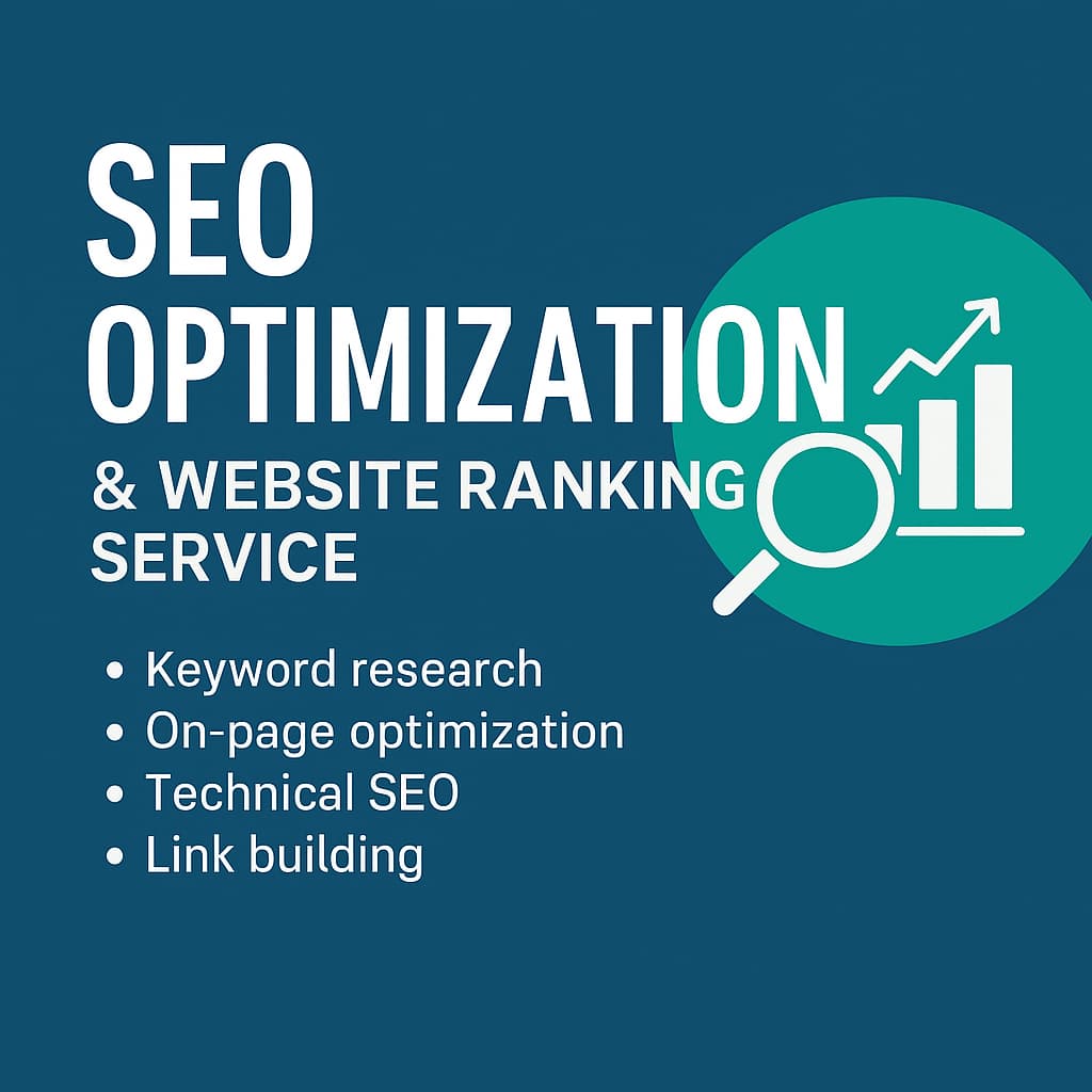 Advertisement for SEO optimization and website ranking service with icons on a blue background