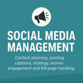 Teal background with a megaphone icon and text about social media management.