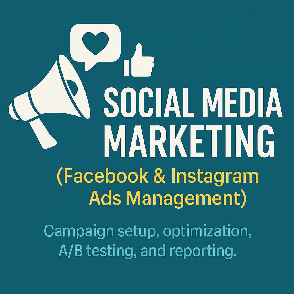 Social media marketing services with icons and text on a teal background